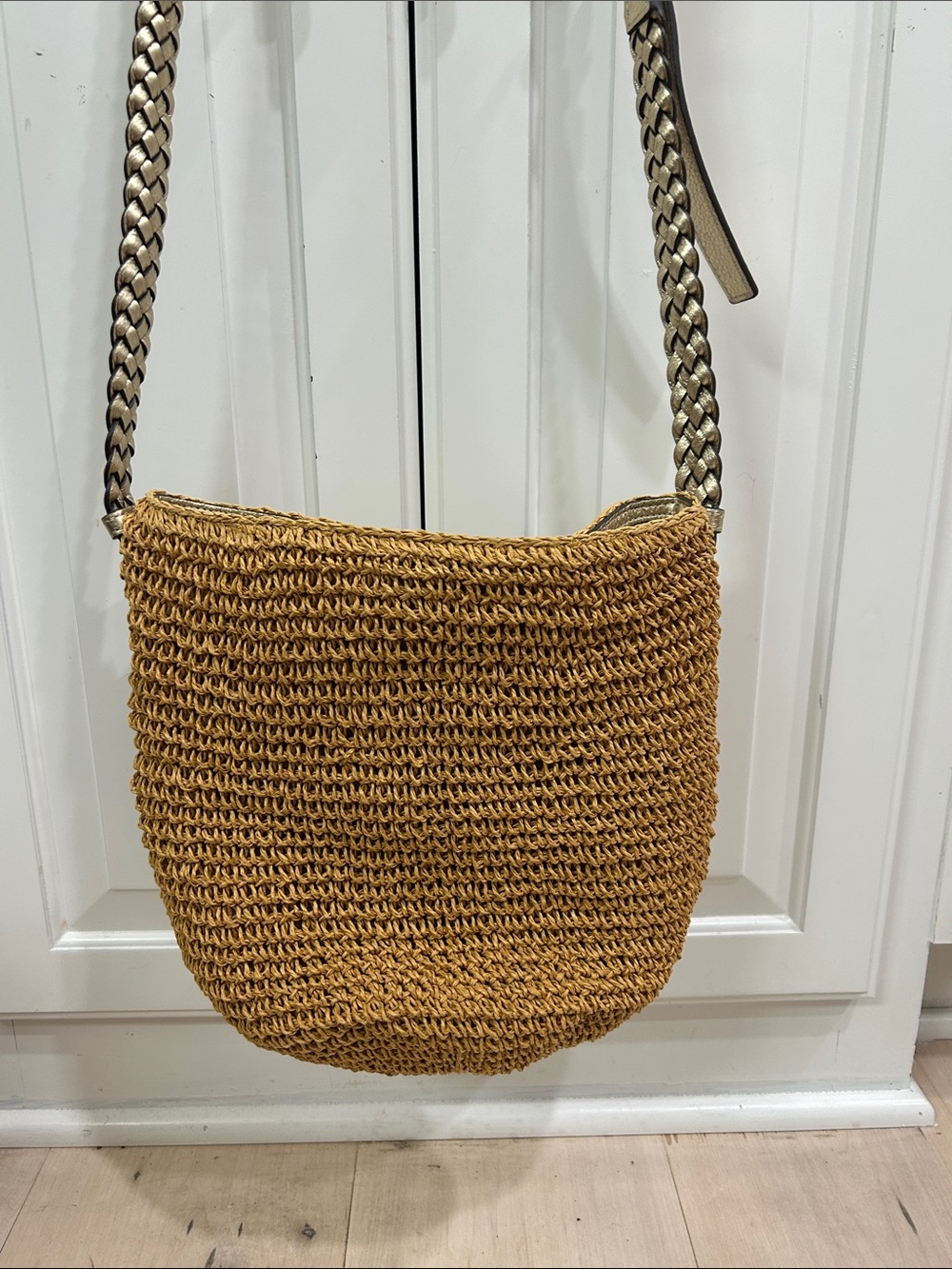 Michael Kors Woven Straw Shoulder Bag in Camel Brown with Braided Strap
